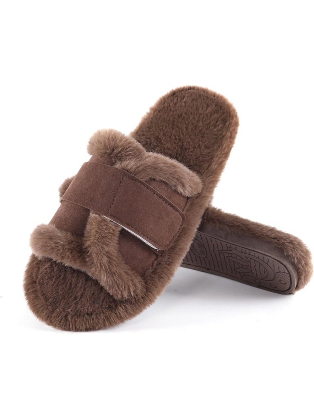 Women's Brown Suede Furry Fuzzy Memory Foam Fluffy Open Toe Soft Slipper Shoes